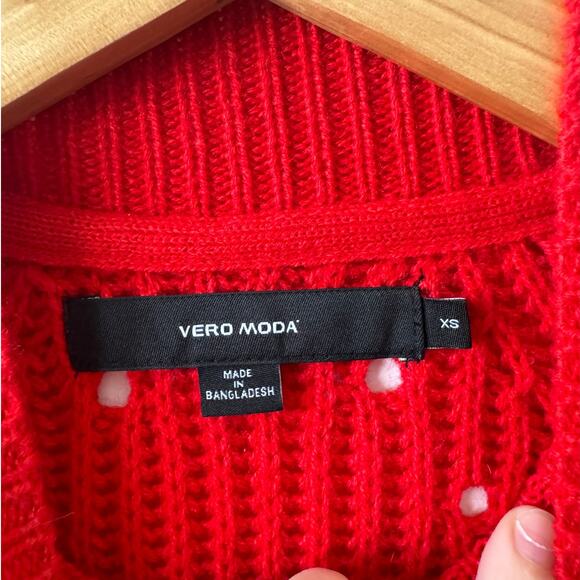 Vero Moda Sweater Women XS Red Knit Holiday Mock Neck Eyelet Oversized Minimal - Picture 4 of 5